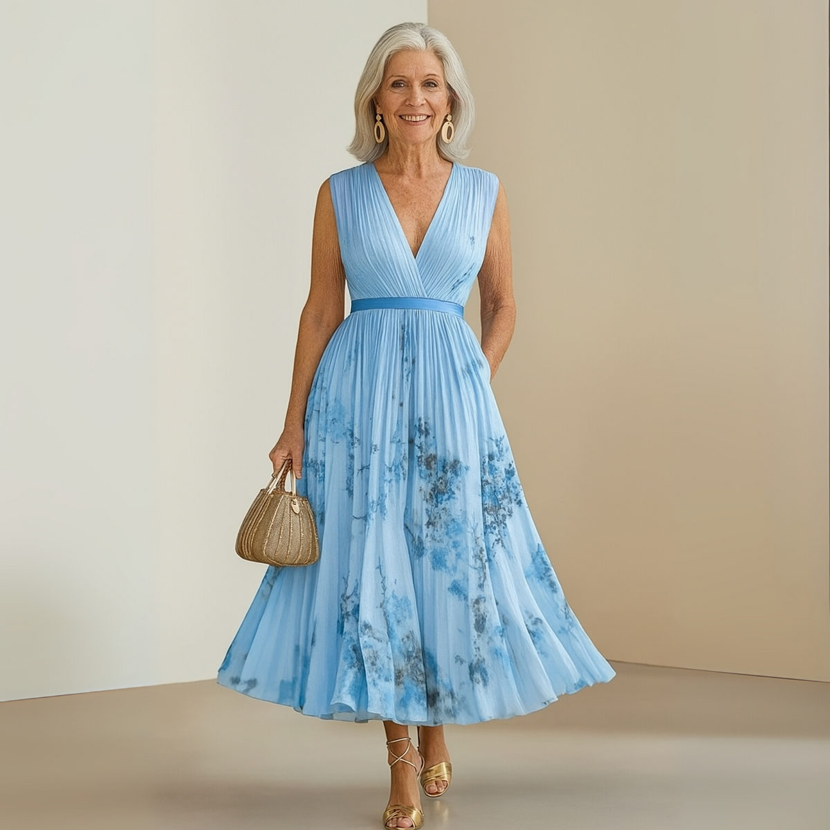 Damen Kleid | Plissee V-Ausschnitt Maxi