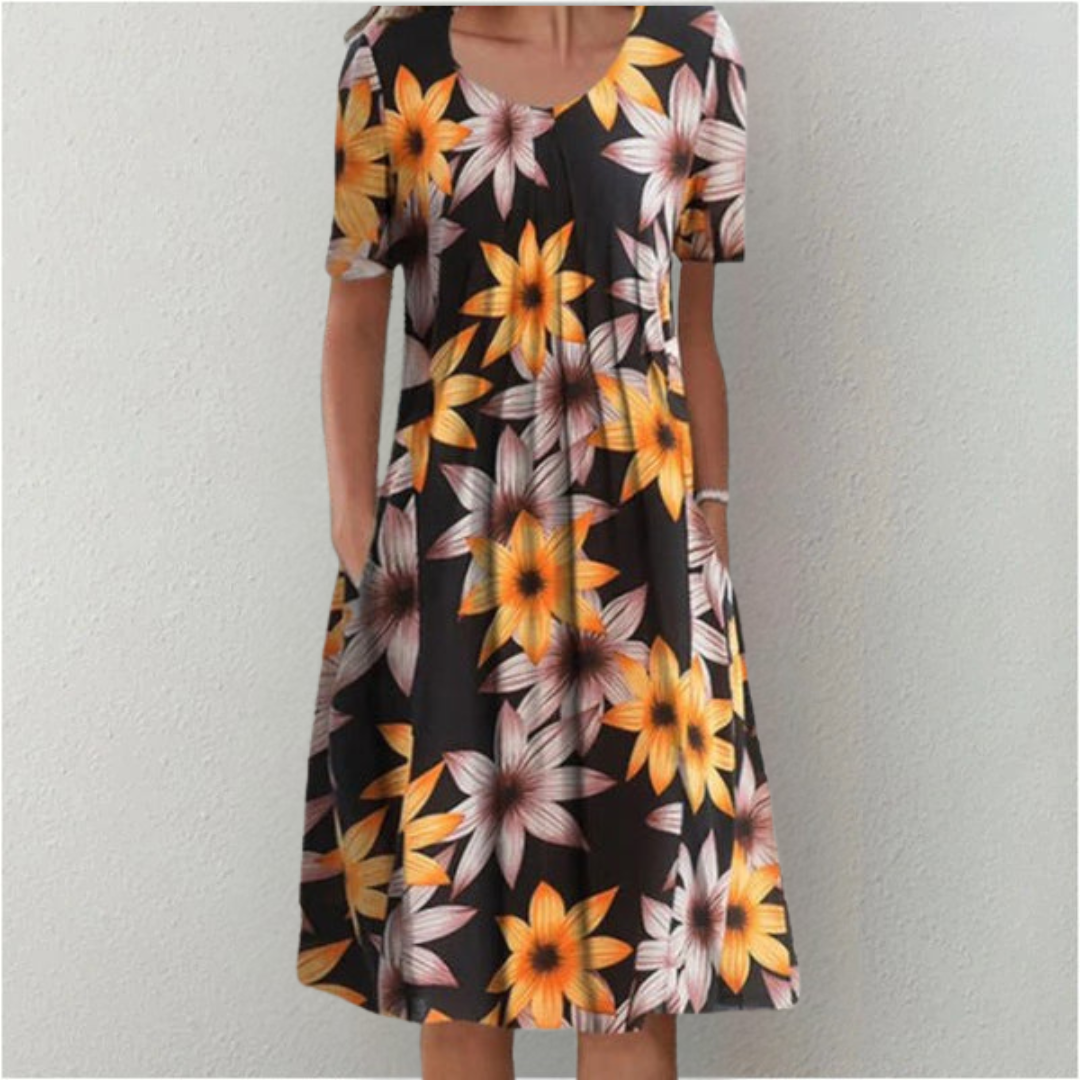 Damen Kleid | Blumenmuster Kurzarm mit Taschen
