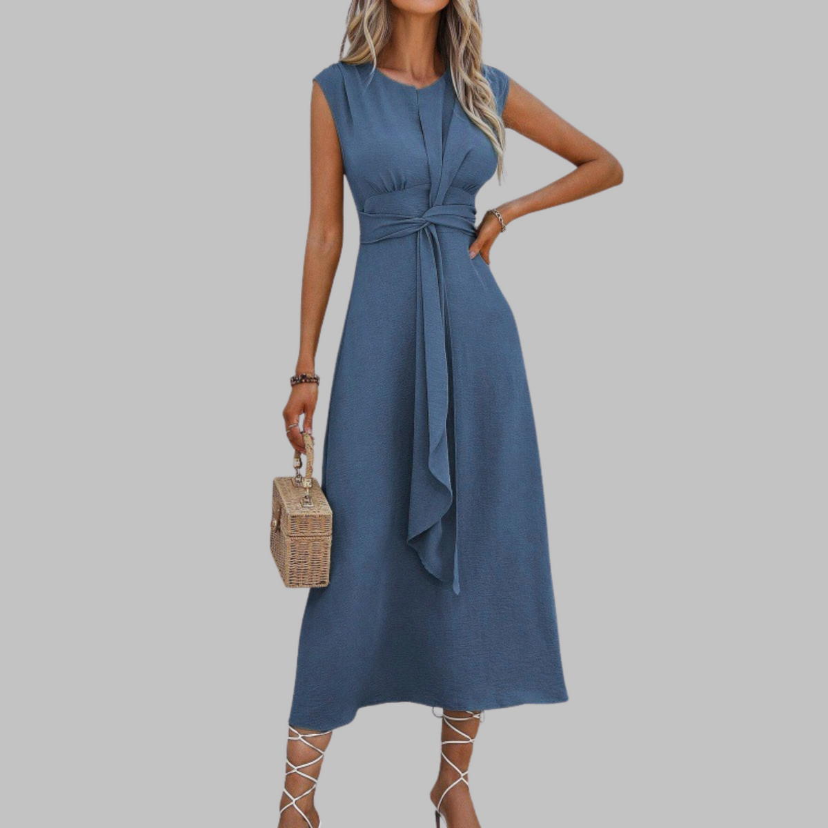 Damen Kleid | Rundhalsausschnitt Bindegürtel