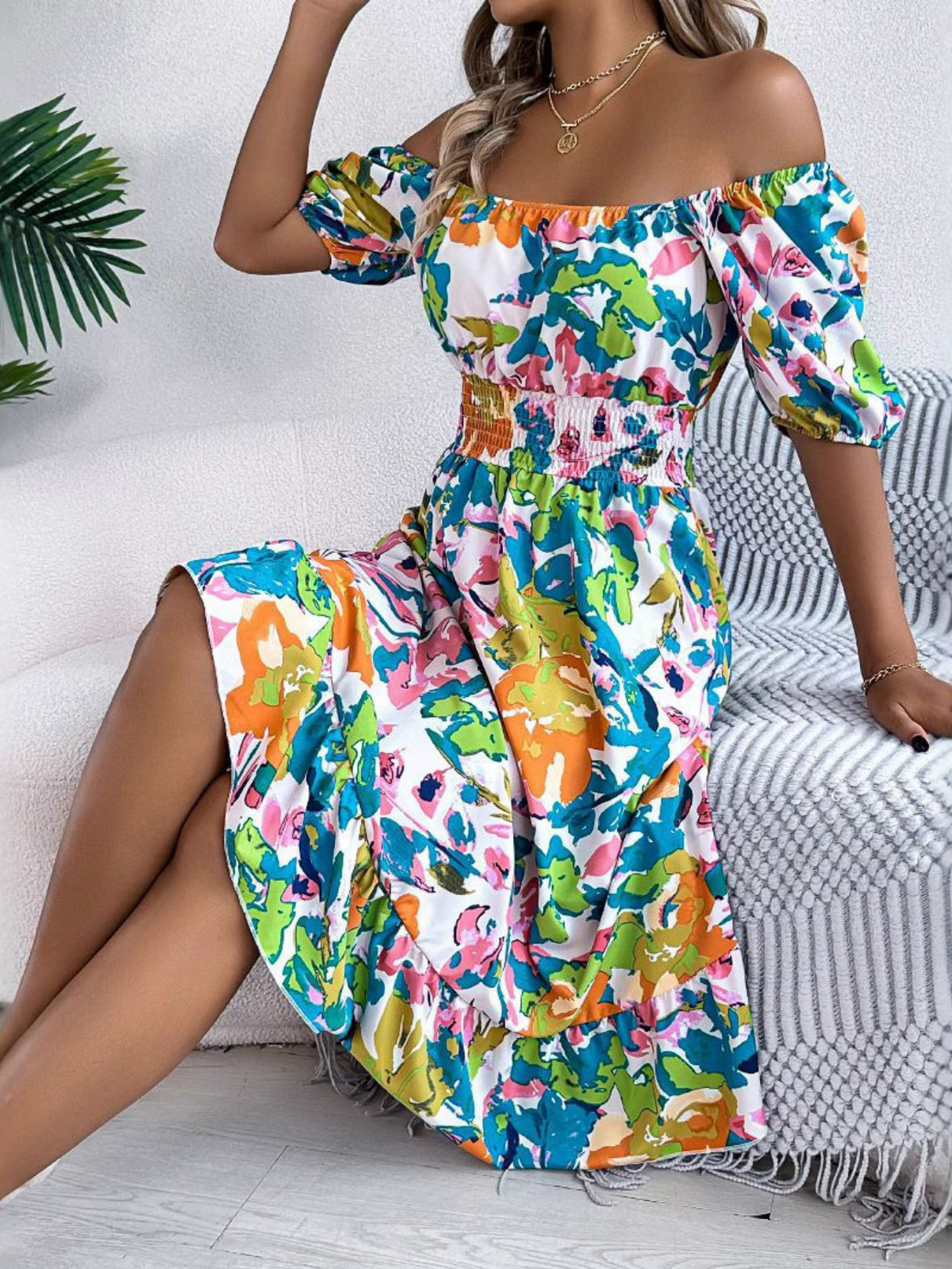 Damen Kleid | Off Shoulder Blumenmuster