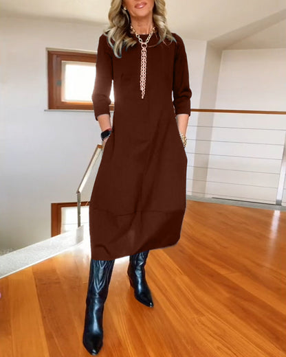 Damen Kleid | Rundhals Langarm Midi