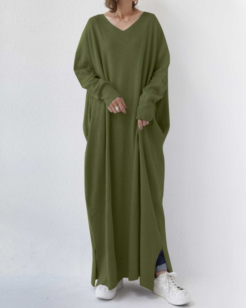 Damen Kleid | V-Ausschnitt Langarm Maxi