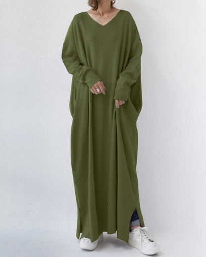 Damen Kleid | V-Ausschnitt Langarm Maxi