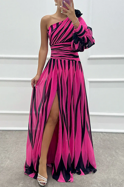 Damen Abendkleid | One-Shoulder Streifen Maxi