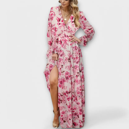 Damen Kleid | Blumenmuster V-Ausschnitt Langarm