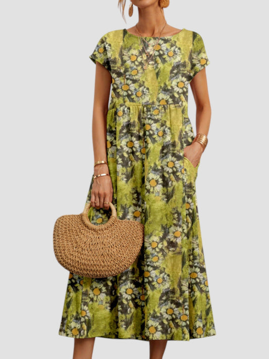 Damen Kleid | Blumenmuster Kurzarm Midi