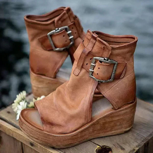 Damen Sandalen | Keilsohle Knöchelriemen Offen