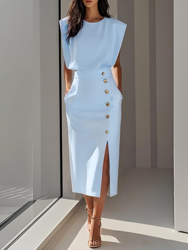 Damen Kleid | Ärmelloses Midi mit Knöpfen