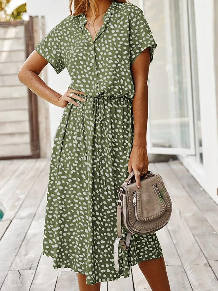 Damen Kleid | Kurzarm Bindegürtel Midi
