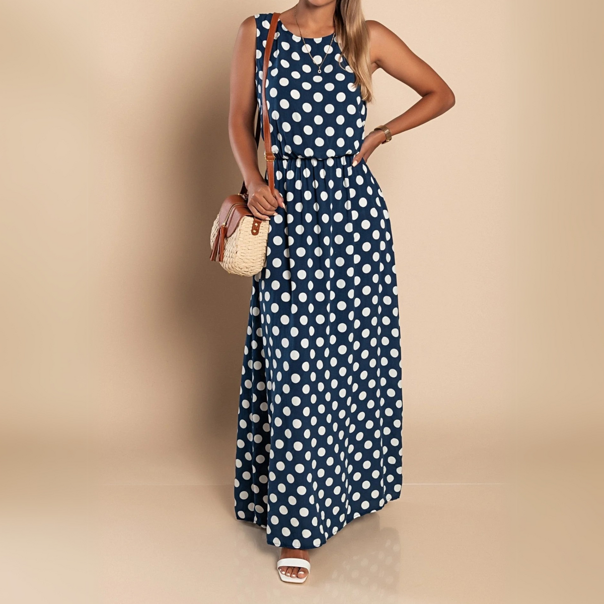 Damen Kleid | Punkte Rundhals Maxi