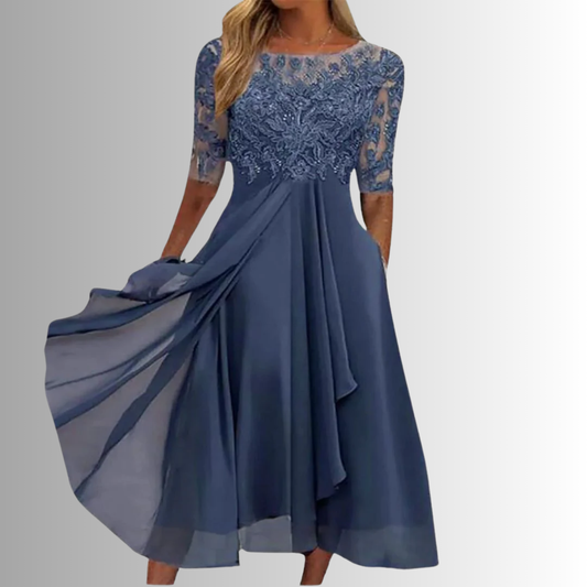 Damen Kleid | Rundhals Midi mit Spitze Stil
