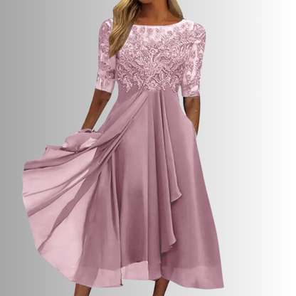 Damen Kleid | Rundhals Midi mit Spitze Stil