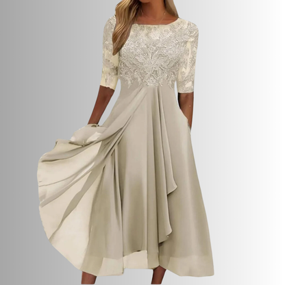 Damen Kleid | Rundhals Midi mit Spitze Stil