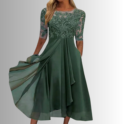 Damen Kleid | Rundhals Midi mit Spitze Stil