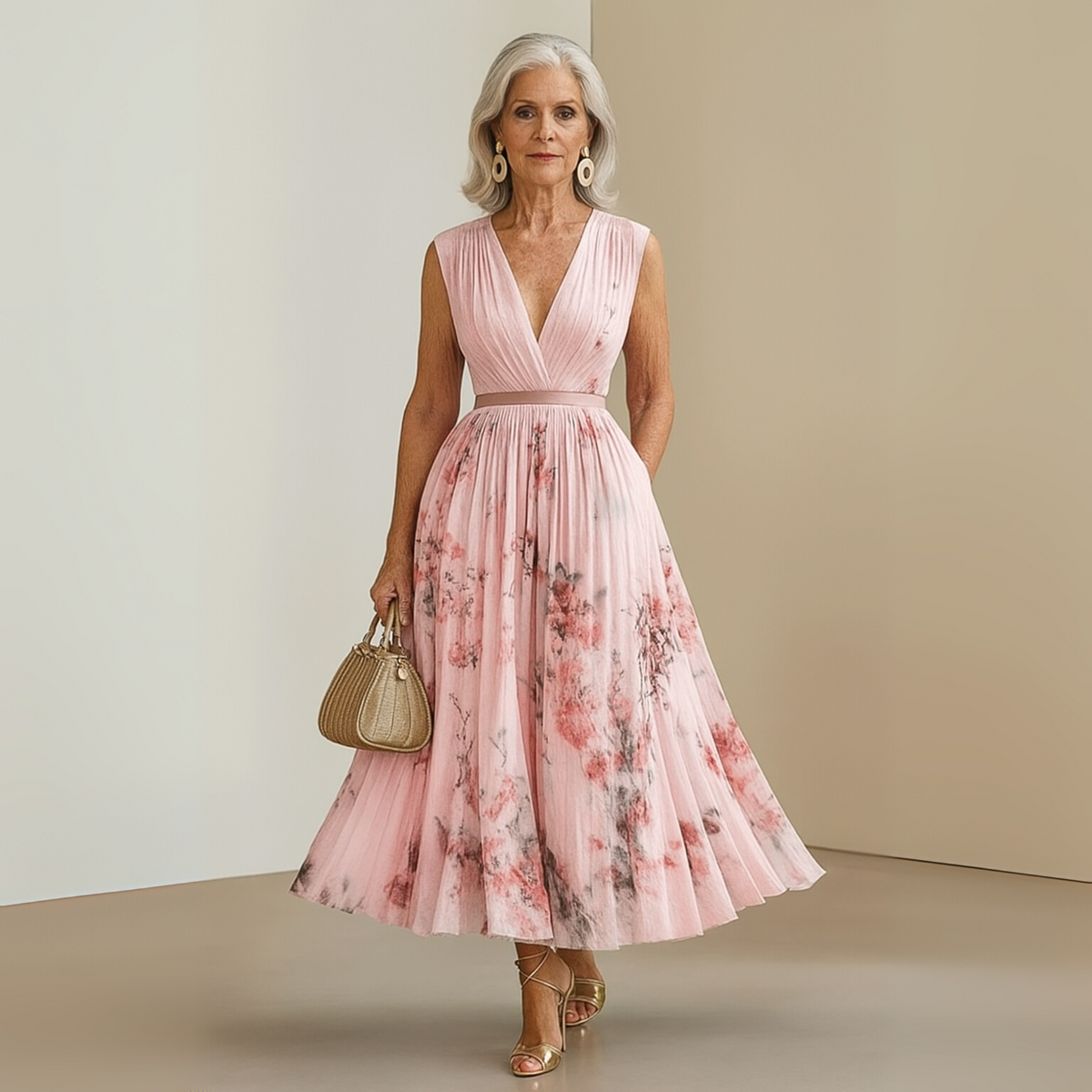 Damen Kleid | Plissee V-Ausschnitt Maxi