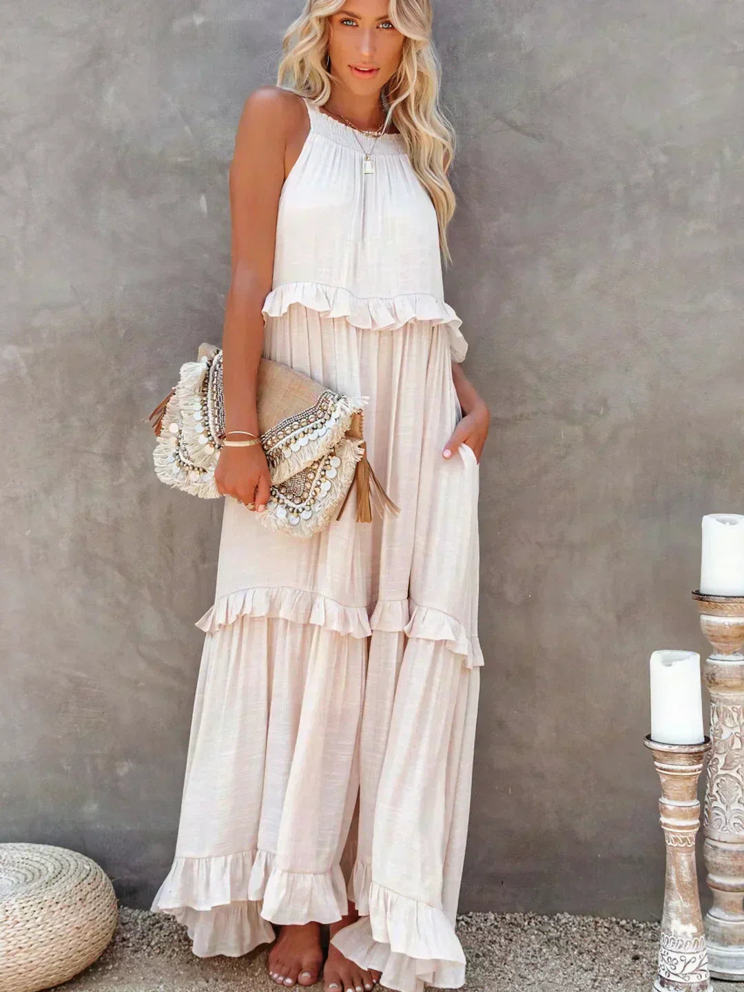 Damen Kleid | Halter Rüschen Maxi