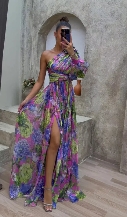 Damen Abendkleid | One-Shoulder Floral Maxi