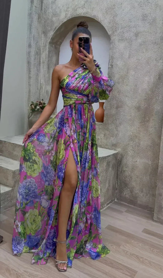 Damen Abendkleid | One-Shoulder Floral Maxi