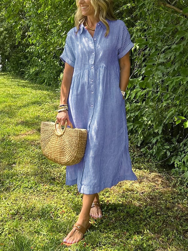 Damen Kleid | Gestreiftes Knopfleiste Midi
