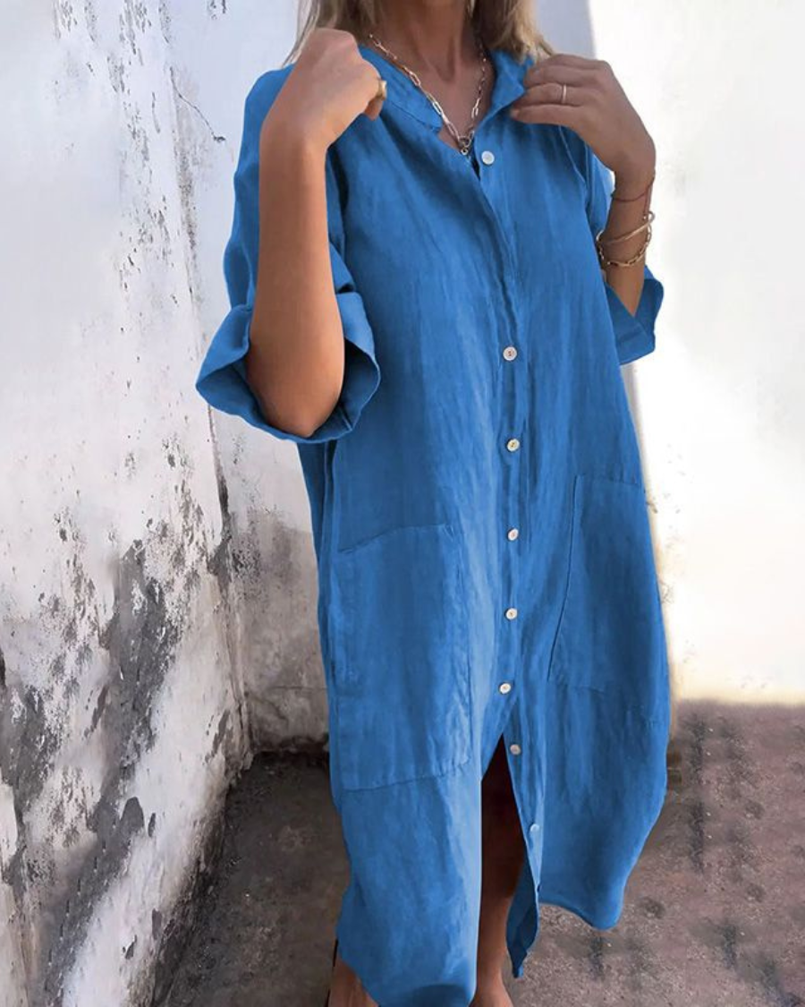 Damen Kleid | Knopfleiste 3/4-Ärmel Midi