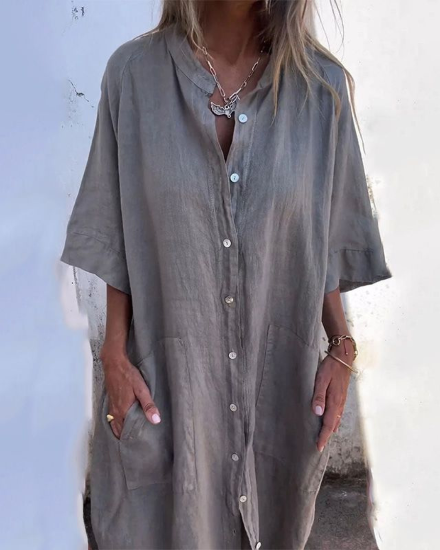 Damen Kleid | Knopfleiste 3/4-Ärmel Midi