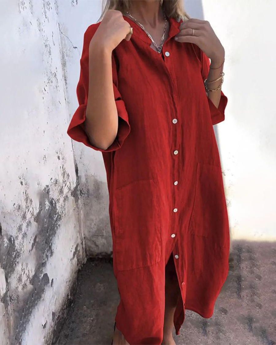 Damen Kleid | Knopfleiste 3/4-Ärmel Midi