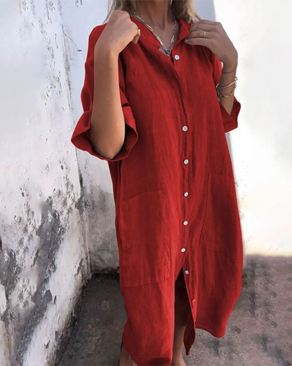 Damen Kleid | Knopfleiste 3/4-Ärmel Midi