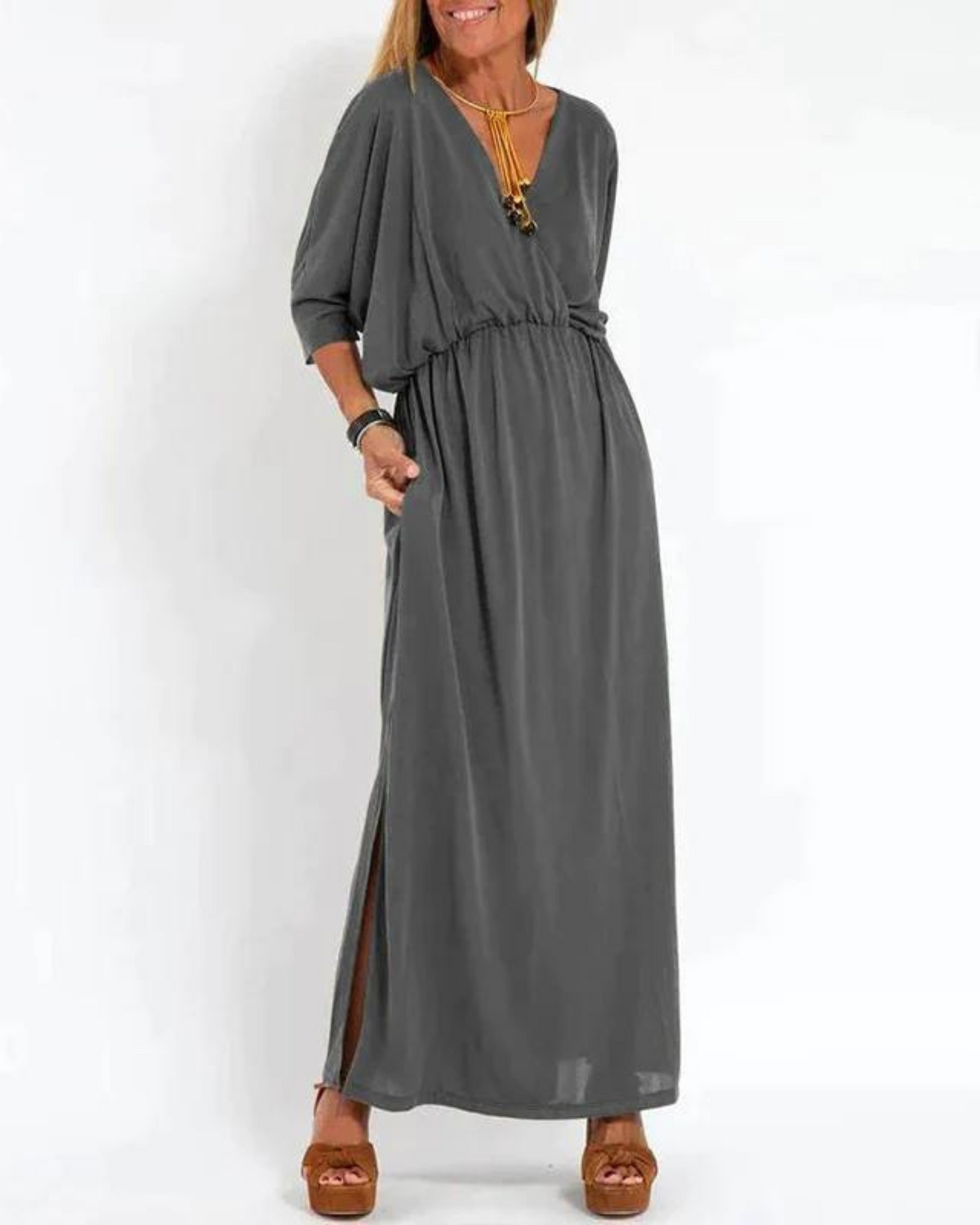 Damen Kleid | V-Ausschnitt Lang Puffärmel