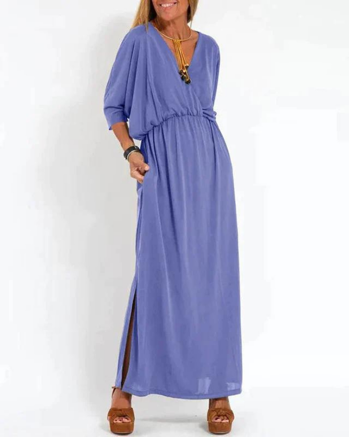 Damen Kleid | V-Ausschnitt Lang Puffärmel