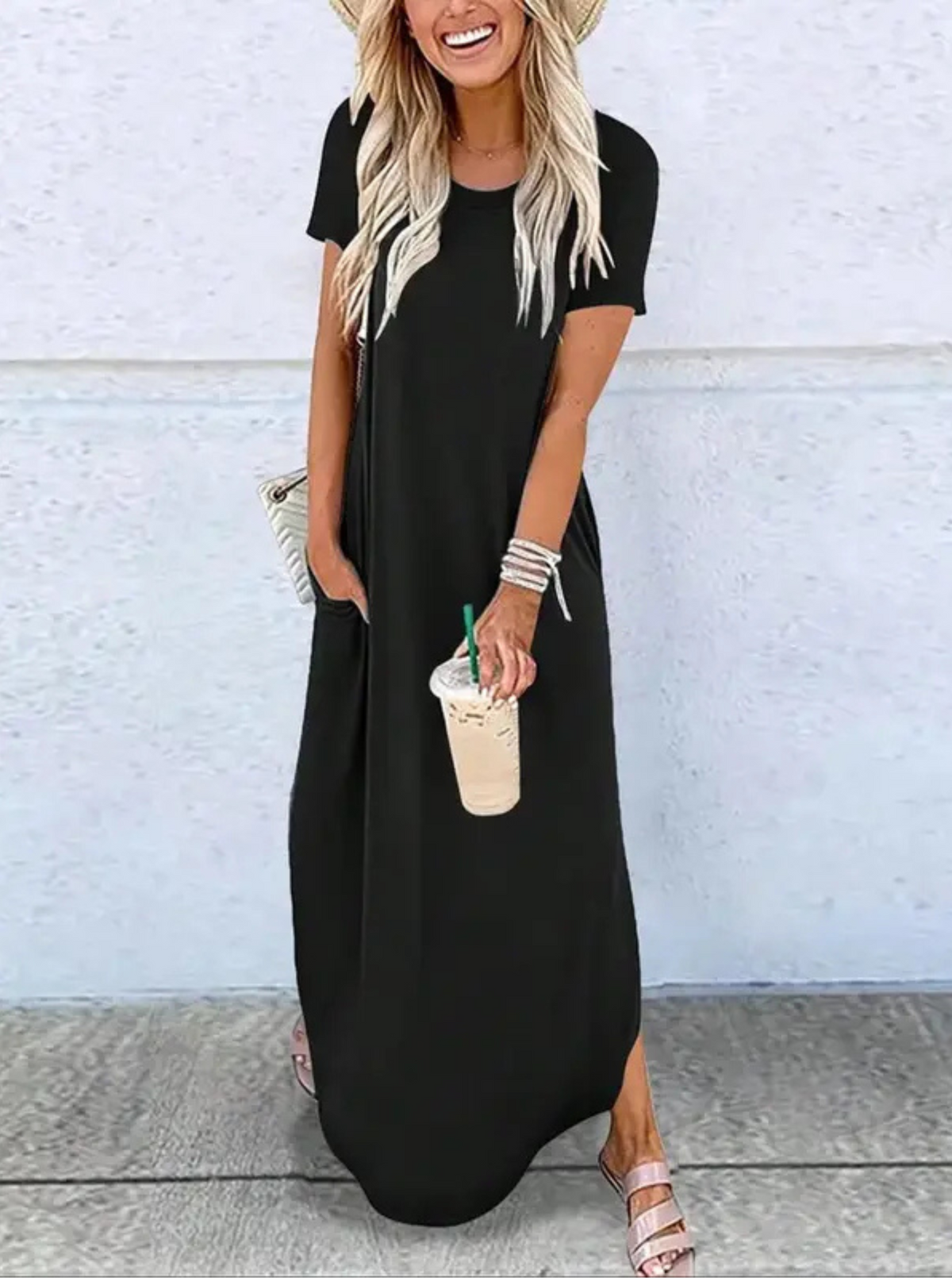 Damen Kleid | Rundhals Kurzarm Maxi