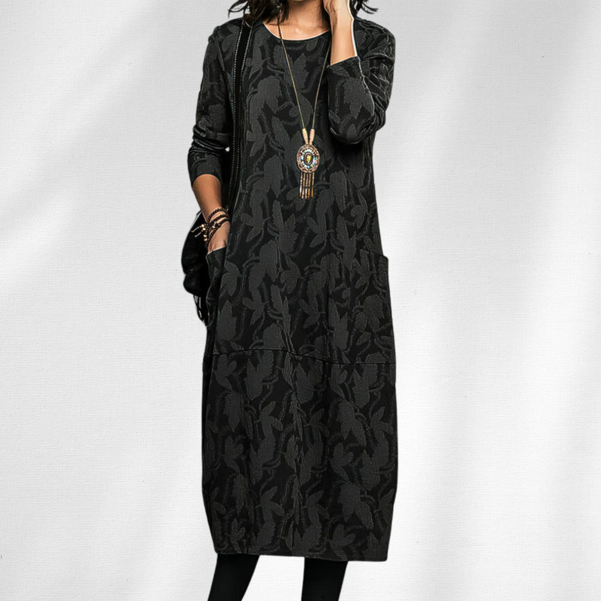 Damen Kleid | Langarm Rundhals Midi