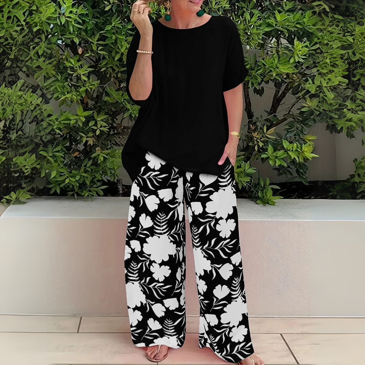 Damen Zweiteiler | Kurzarmshirt und Blumenhose