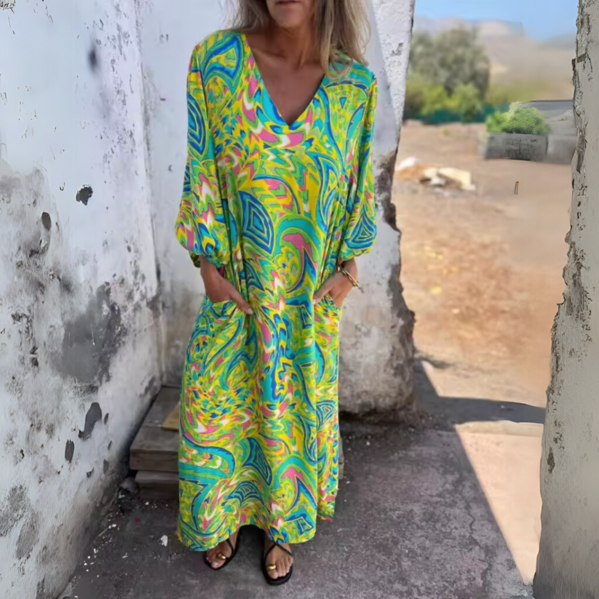 Damen Kleid | V-Ausschnitt Muster Maxi