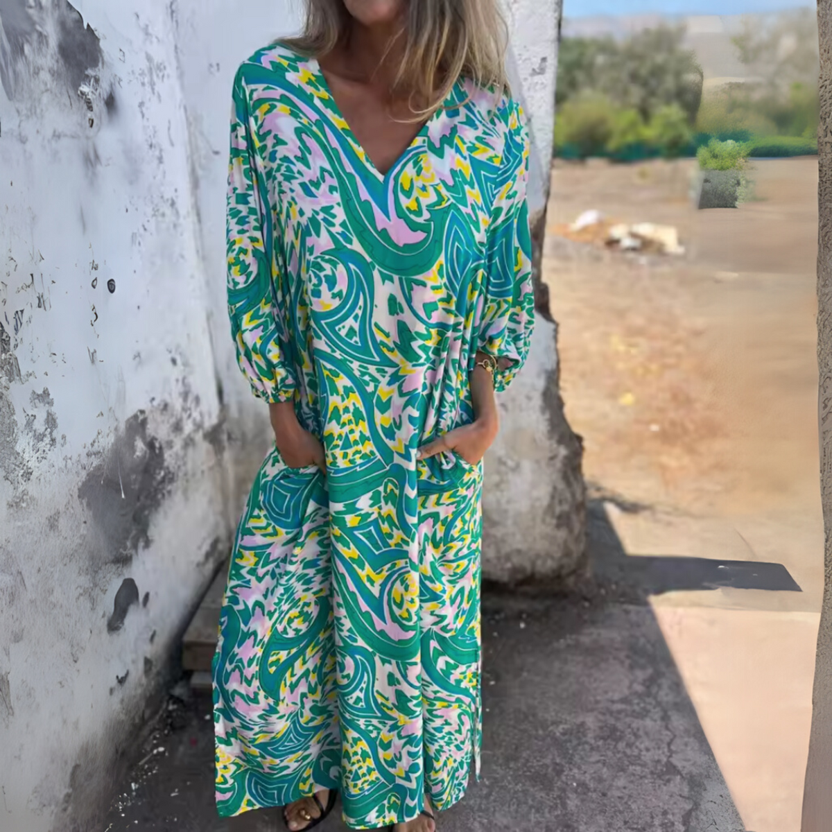 Damen Kleid | V-Ausschnitt Muster Maxi