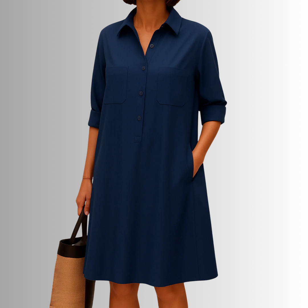 Damen Kleid | Hemdkragen Seitentaschen Kurzarm