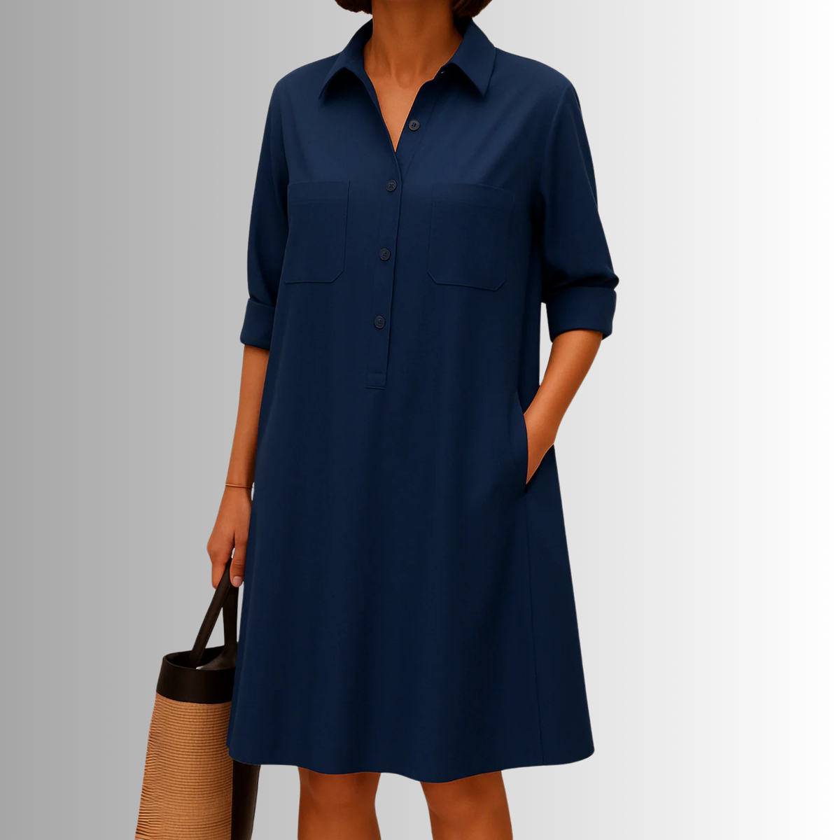 Damen Kleid | Hemdkragen Seitentaschen Kurzarm