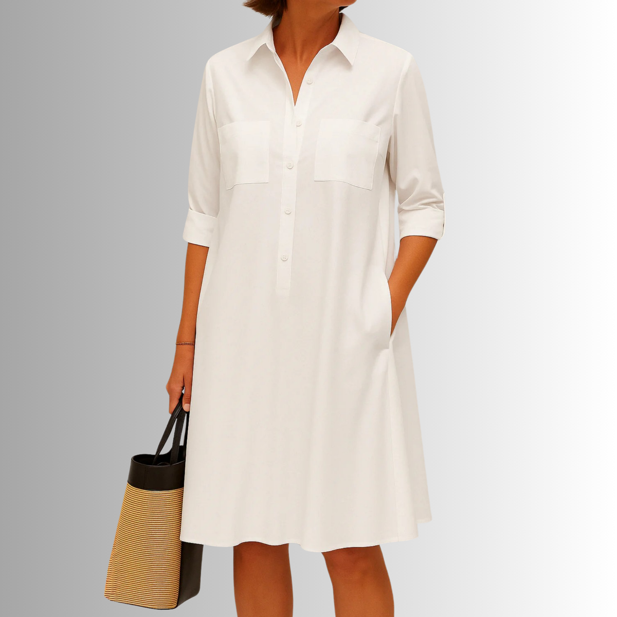 Damen Kleid | Hemdkragen Seitentaschen Kurzarm