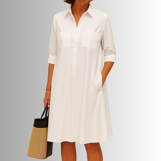 Damen Kleid | Hemdkragen Seitentaschen Kurzarm