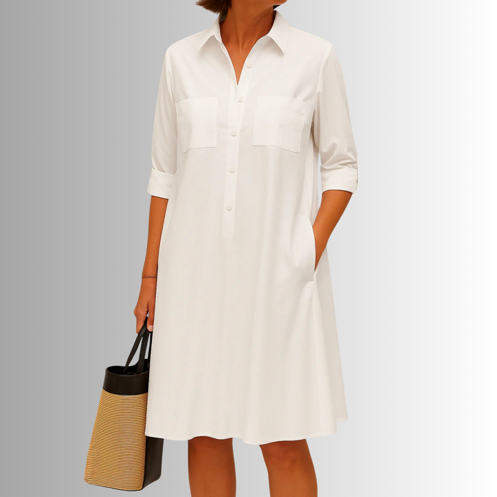 Damen Kleid | Hemdkragen Seitentaschen Kurzarm