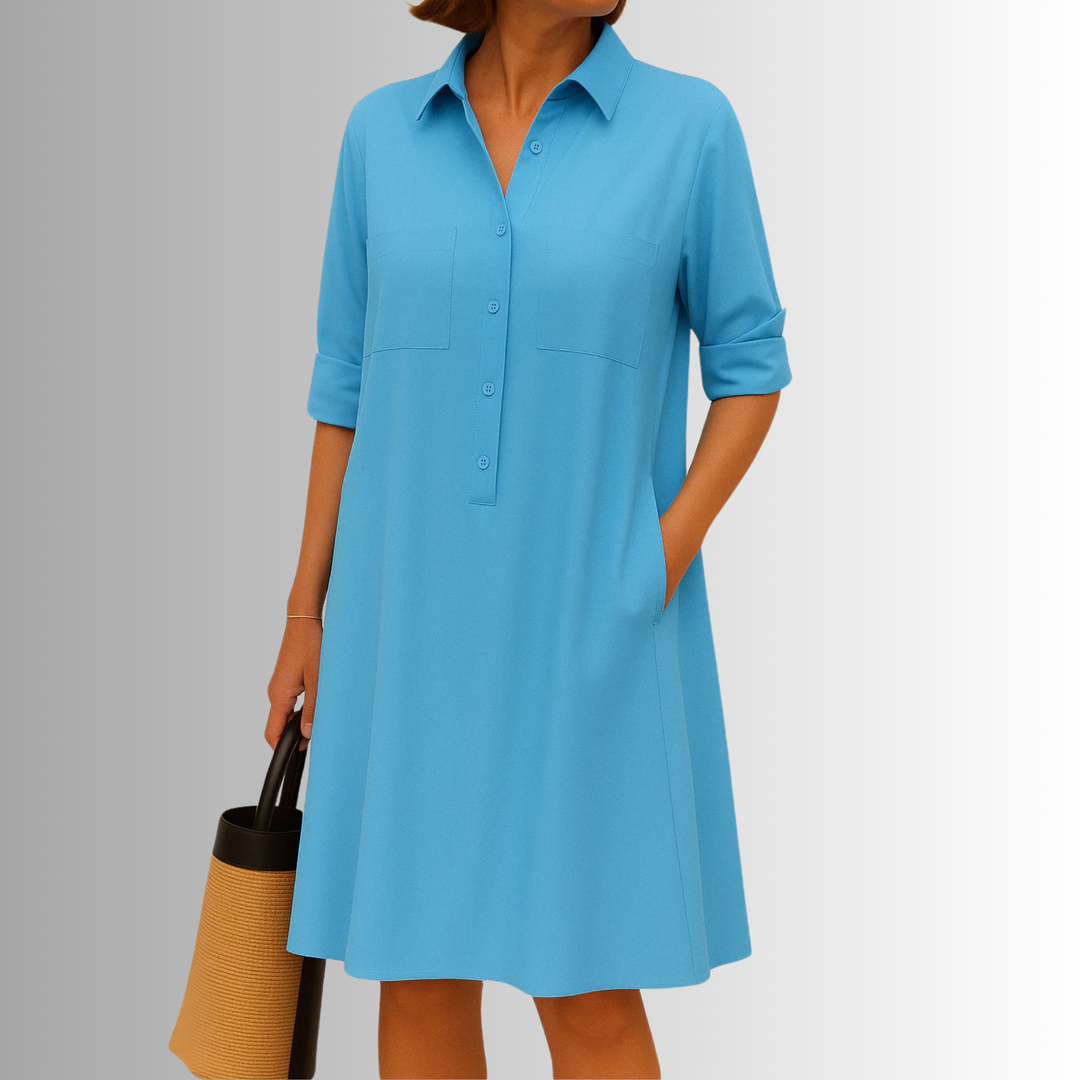 Damen Kleid | Hemdkragen Seitentaschen Kurzarm