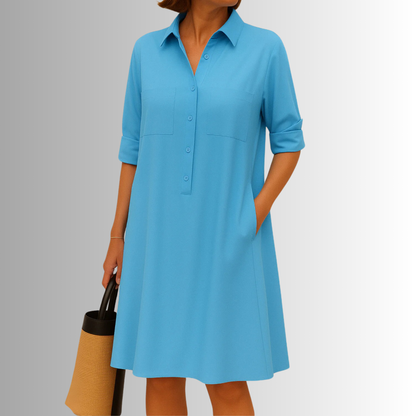 Damen Kleid | Hemdkragen Seitentaschen Kurzarm