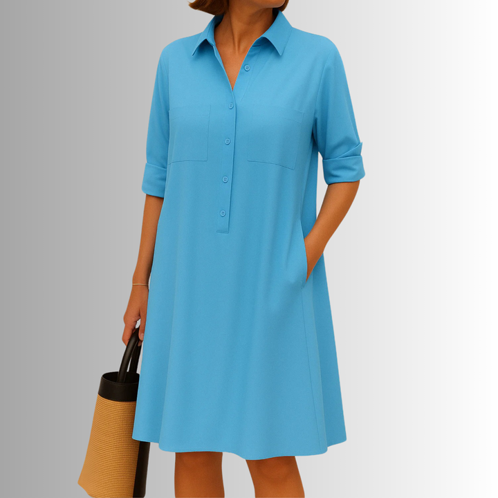Damen Kleid | Hemdkragen Seitentaschen Kurzarm