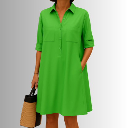 Damen Kleid | Hemdkragen Seitentaschen Kurzarm