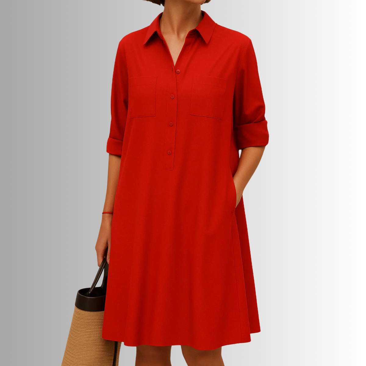 Damen Kleid | Hemdkragen Seitentaschen Kurzarm