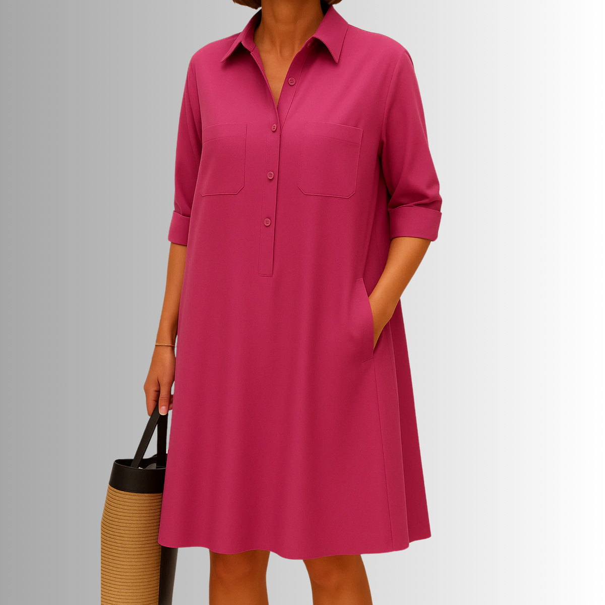 Damen Kleid | Hemdkragen Seitentaschen Kurzarm