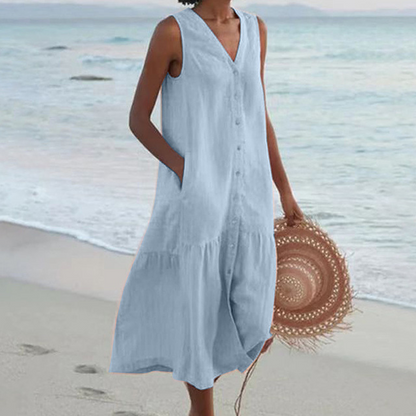 Damen Kleid | Ärmellos Knopfleiste Midi