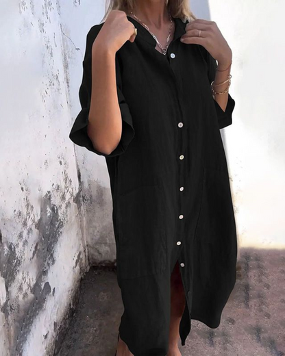 Damen Kleid | Knopfleiste 3/4-Ärmel Midi