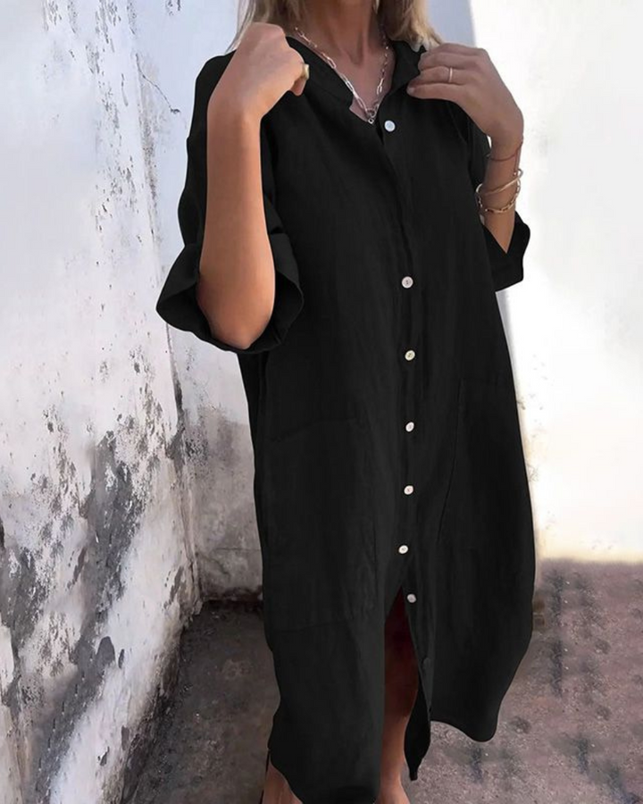 Damen Kleid | Knopfleiste 3/4-Ärmel Midi