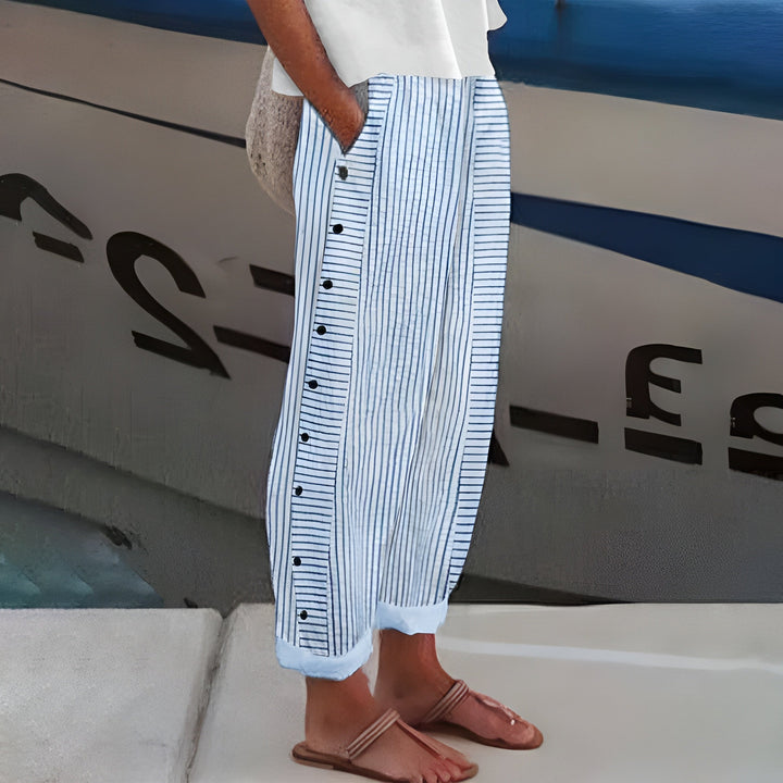 Damen Hosen | Gestreift mit Knopfdetail