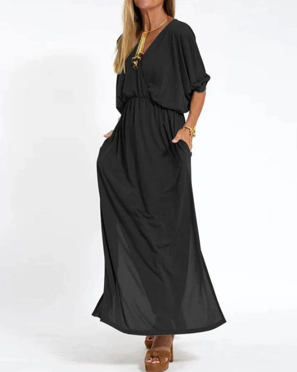 Damen Kleid | V-Ausschnitt Lang Puffärmel